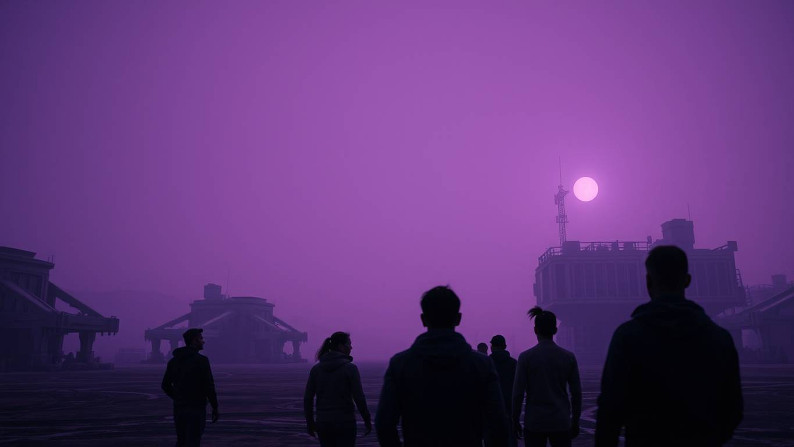 Cenário roxo com pessoas caminhando em direção ao horizonte